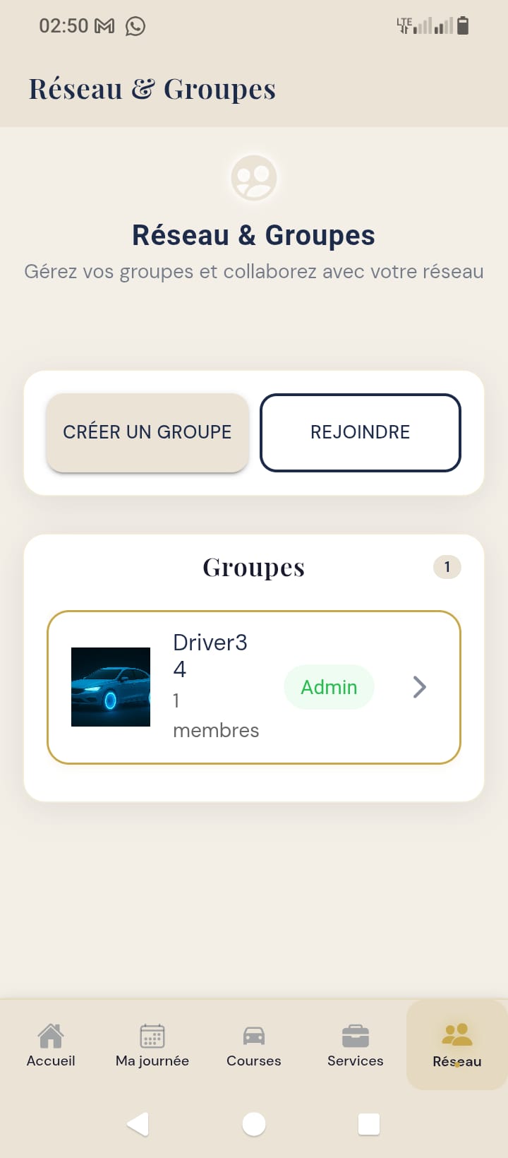 Capture réelle de l’onglet Réseau et Groupes de Lunavgo, avec les options pour créer ou rejoindre un groupe de chauffeurs