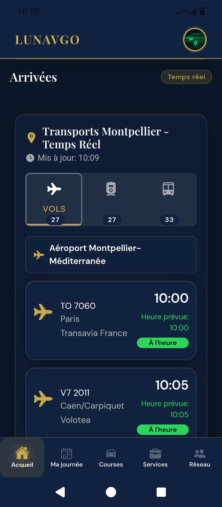 Capture réelle de Lunavgo affichant les arrivées en temps réel des transports à Montpellier