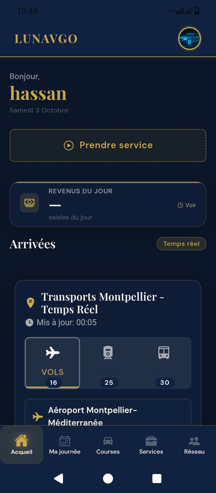 Capture du tableau de bord de l'application Lunavgo
